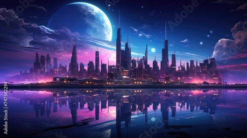 Futuristic city with vibrant dawn colors reflecting in serene waters