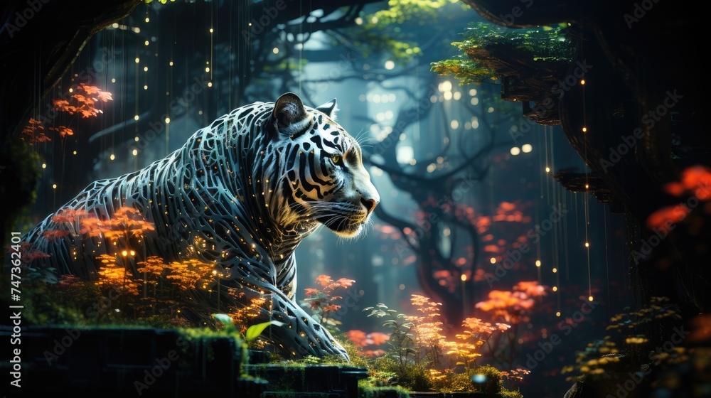 Ethereal tiger amidst a mystical forest glade - obrazy, fototapety, plakaty 