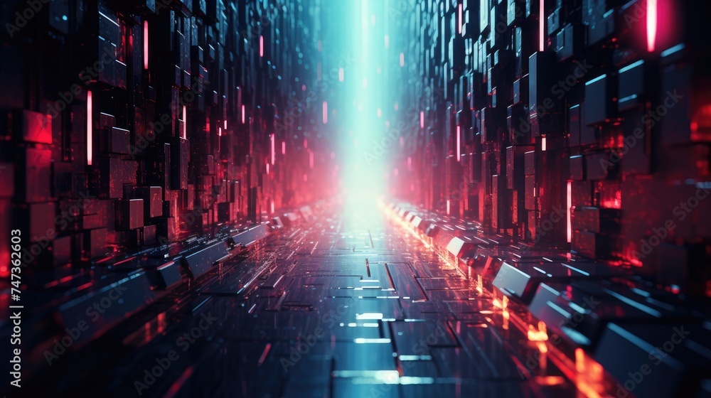 A glowing cybernetic corridor with futuristic architecture