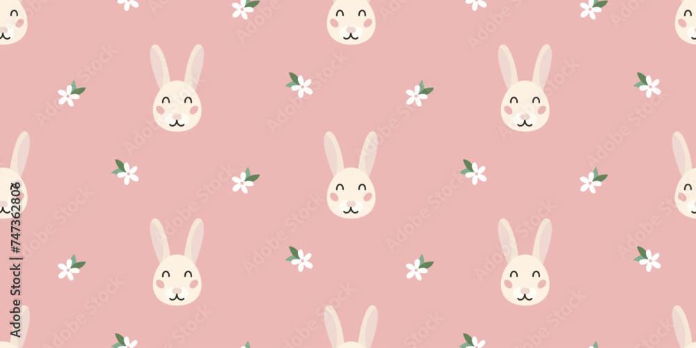 Seamless pattern with cute bunny rabbit and spring flower. Pink background for easter, nursery.