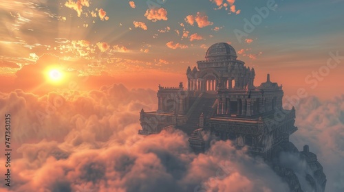 Mythical sunrise over a floating ancient temple in the clouds. © furyon