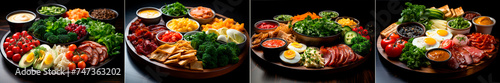 large round tray with various breakfast options, urban style, organic contours, photo