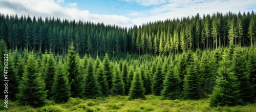 A dense forest in Sumava, Czech Republic, filled with tall green spruce trees reaching for the sky. The canopy is thick, creating a lush and vibrant environment teeming with life.
