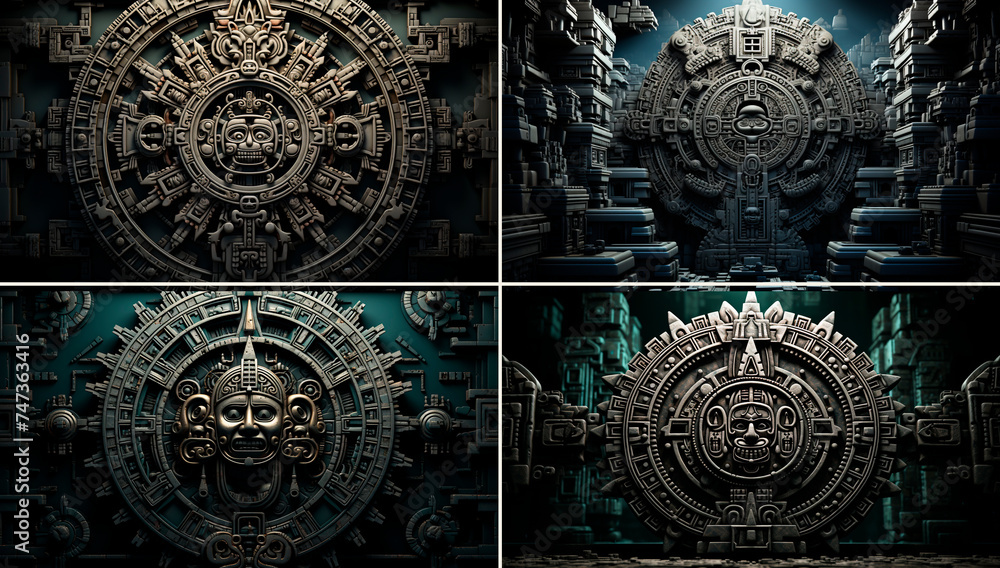 Exquisite Aztec calendar design in black and white. Glowing orbs adding ...