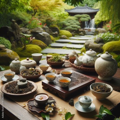 A serene tea ceremony setup with various teapots and cups, displayed elegantly in a lush Japanese garden