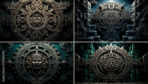 Exquisite Aztec calendar design in black and white. Glowing orbs adding a mystical element. Fantasy ruins with arched doorways and unique architecture. High contrast of light and shade