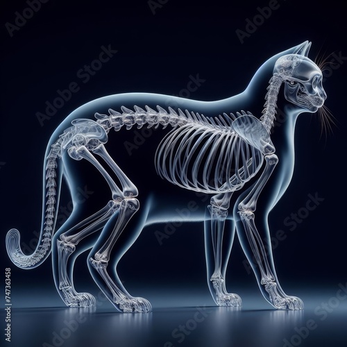 Transparent glass form of cat body with skeleton visible 