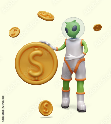 Space profits. 3D alien touches giant gold coin. Financial literacy. Best offer