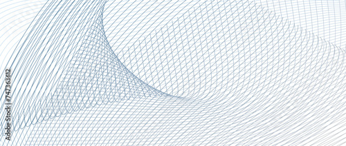 Blue, gray net design. Line art pattern, industrial style. Information techno concept. Wavy thin lines. Vector subtle curves. Abstract futuristic background for banner, landing page, poster. Ai format