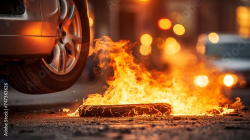Burning car tire on street 