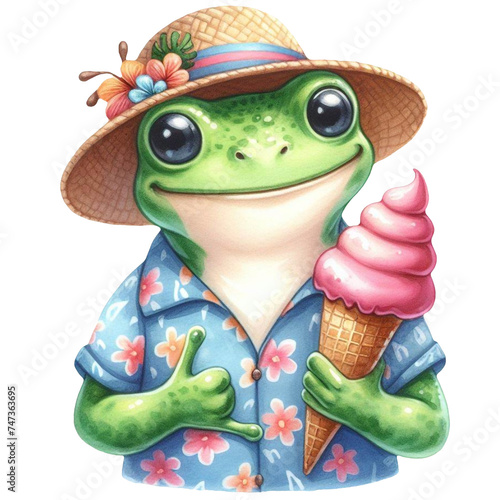 A frog is eating an ice cream while wearing a summer hat and Aloha shirt, watercolor clipart illustration with isolated background