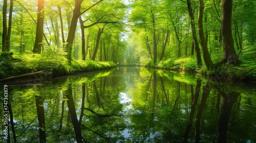 Panoramic landscape of a tranquil river flowing through a dense, green forest, reflecting the surrounding trees.