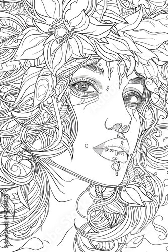 Woman With Flowers Adorning Her Head, coloring page