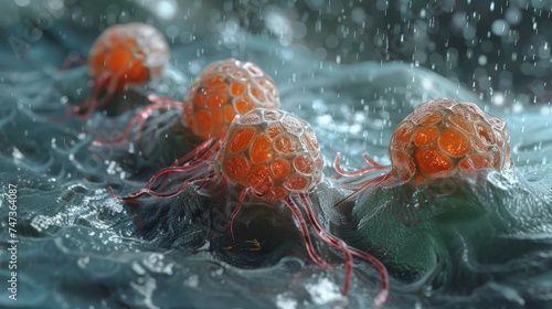 Surreal image of red cellular structures with tentacle-like extensions floating in a simulated underwater environment with rain.