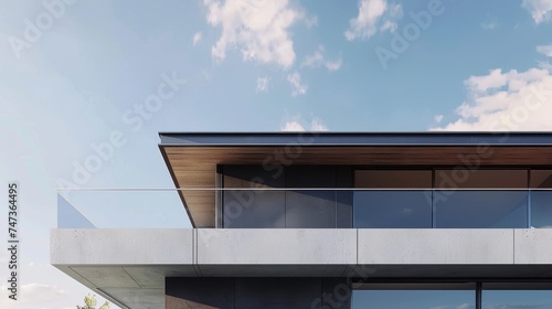 The design of a modern Australian house against a blue sky background. An rendering of a contemporary residence.