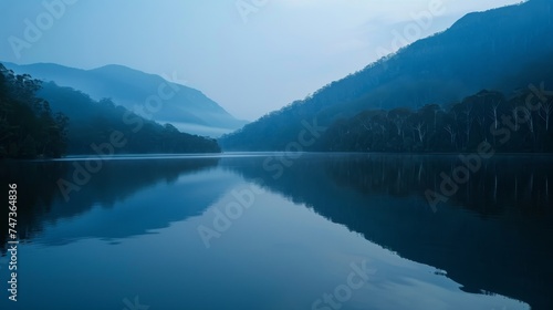 Peaceful mountain lake at dawn with reflections of the surrounding peaks
