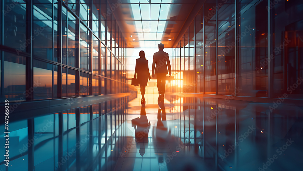 business people walking in a hallway in the style of 