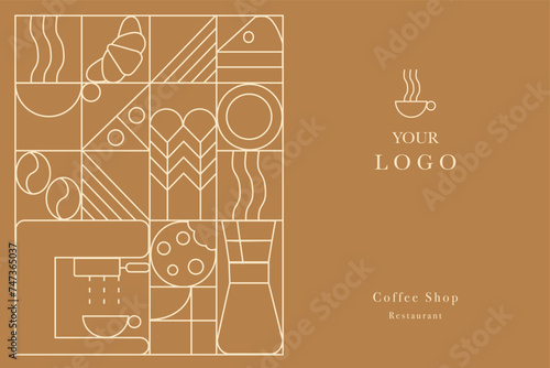 Web banner. Hand drawn illustration of Bakery and Coffee. Icons. Bread, bakery products,  dish, food processor, wheat. Abstract geometric line background. Gold luxury