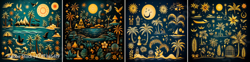 Elegant and symbolic beach icons on a black background. Island theme with intricate design elements. Ideal for luxury resorts or beach events.