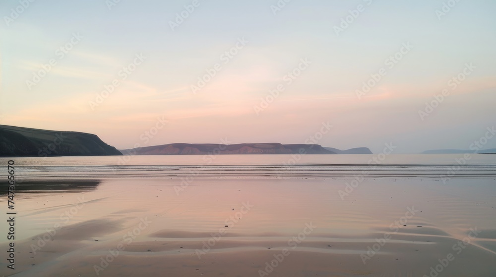 Serene beach landscape at sunset with calm sea and pastel sky