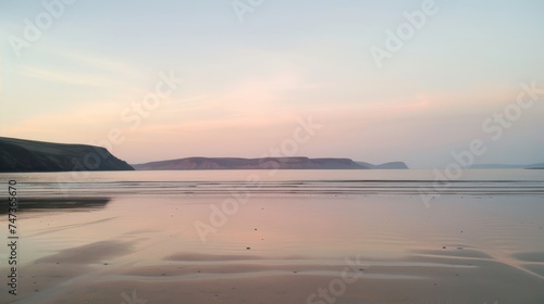 Serene beach landscape at sunset with calm sea and pastel sky © furyon