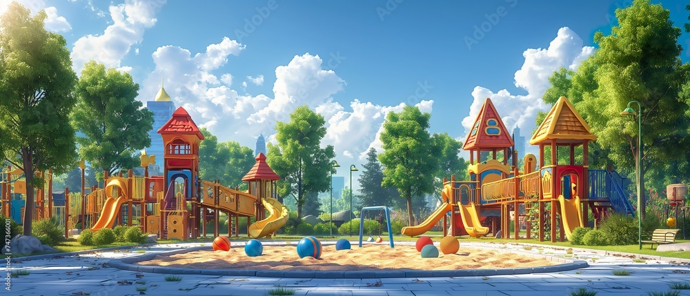 Children's Playground In A Green Park. Illustration On The Theme Of Children And Architecture, Parks And Territories. Generative AI Children's Playground In A Green Park. Illustration On The Theme Of Children And Architecture, Parks And Territories. Generative AI