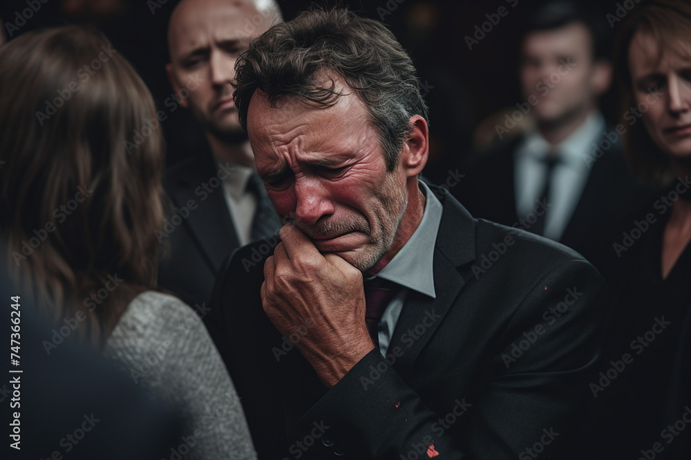 Funeral scene picture of sad depressed people crying farewells at cemetery