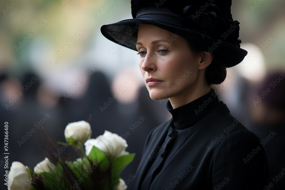 Generative ai image of sad woman in black dress after loss of family in funeral mourning and grieving Generative ai image of sad woman in black dress after loss of family in funeral mourning and grieving