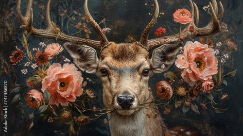 A painting of a deer with antlers and flowers