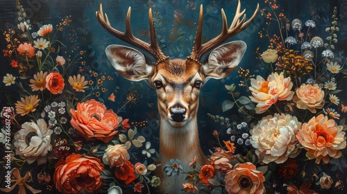 A painting of a deer surrounded by flowers