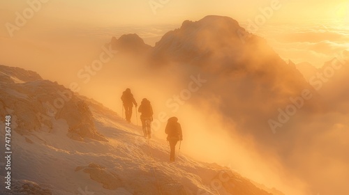 climbers walk in a high and dangerous mountain range with fog with morning sunlight 