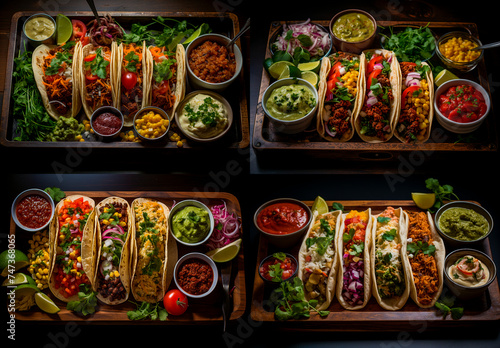 board with several toppings tacos, tabletop photography style, light and airy, bird's eye view,