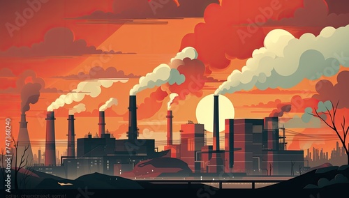 An illustration of factory buildings with smoke billowing out of their chimneys due to industrial pollution photo