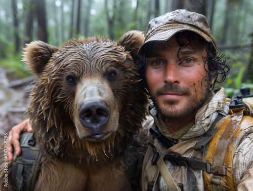 Man taking selfie with brown bear in the nature during storm