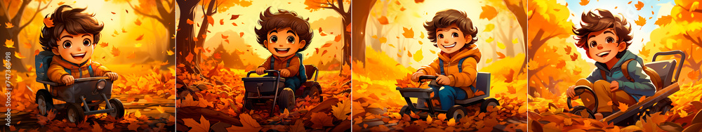 A boy runs through a pile of leaves in a minimalist animated style. Chaotic and playful movements when he jumps. Captures the essence of childhood innocence and fun.