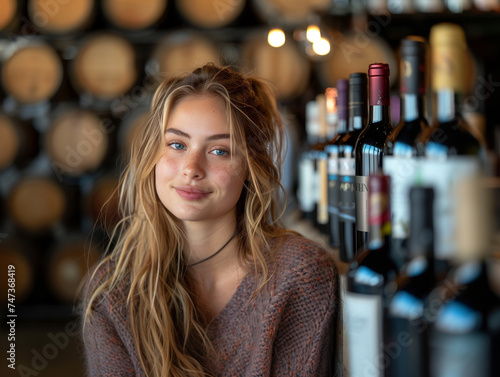 Woman in wine cellar with a lot of wine bottles in the background