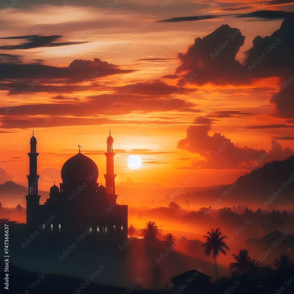 silhouette of mosque with sunset as background