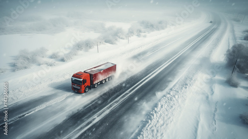 Red truck driving on a snowy highway in the countryside, on a winter day during blizzard. Long-distance transportation, haulage, delivery in cold climate. Rural area. High angle, top view.