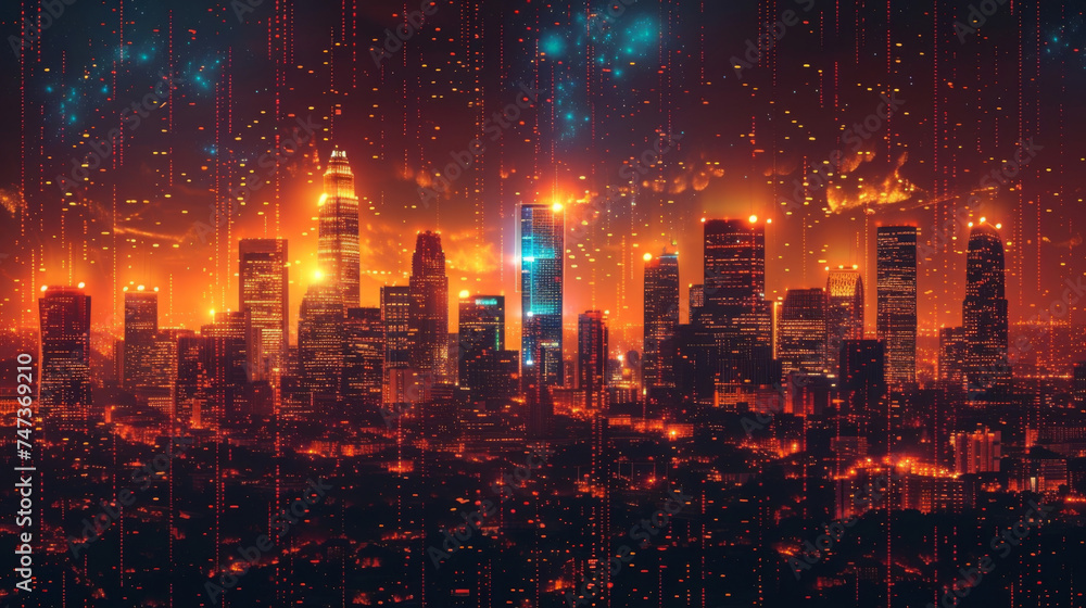 Fototapeta premium A futuristic city is portrayed with buildings and structures made entirely of digital code. The image conveys the concept of a cashless society where budgeting savings and