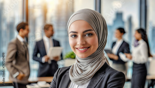 Professional woman in a hijab standing confidently in a modern office with colleagues discussing in the background, cityscape visible through the window. © LADALIDI