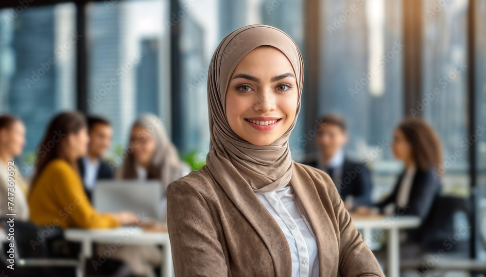 Professional woman in a hijab standing confidently in a modern office with colleagues discussing in the background, cityscape visible through the window. Professional woman in a hijab standing confidently in a modern office with colleagues discussing in the background, cityscape visible through the window.