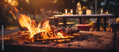 Empty barbecue table with fire burning in background 