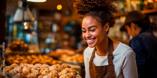 Capture the joy and passion of a female baker who owns her own shop. A real and sincere smile that represents happiness and success in her business. Demonstrate hard work and dedication to your craft