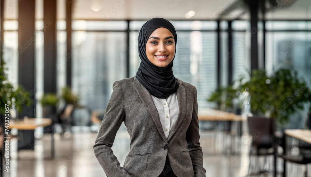 Professional woman in a hijab standing confidently, blurred empty ...