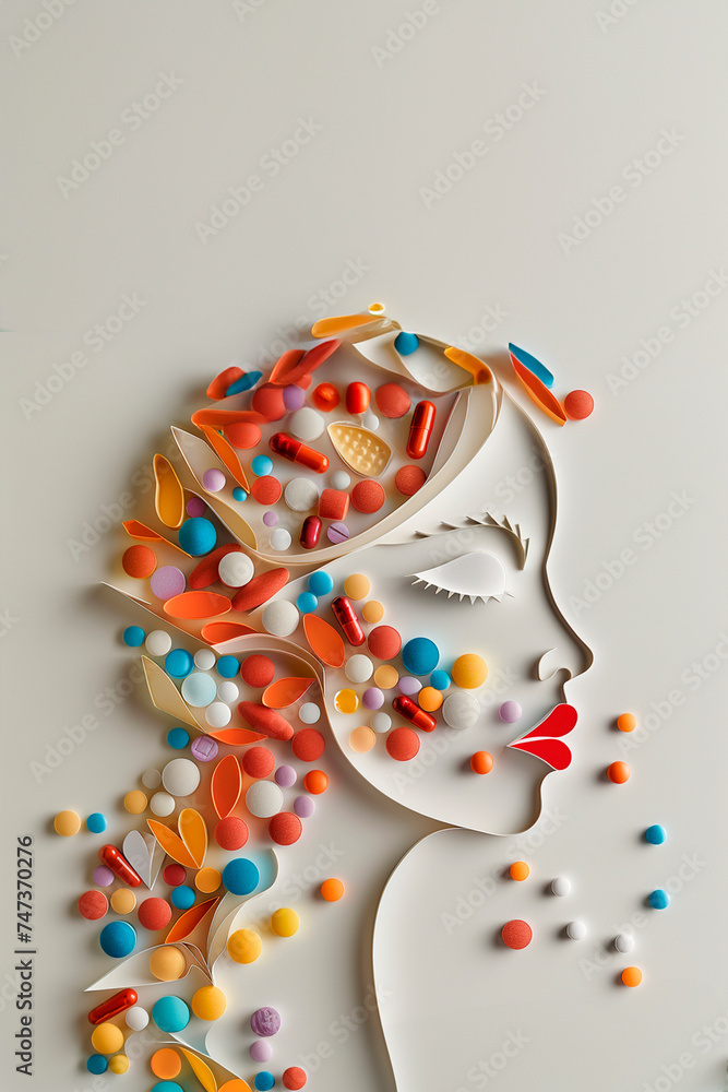 mental health/woman head full of pills