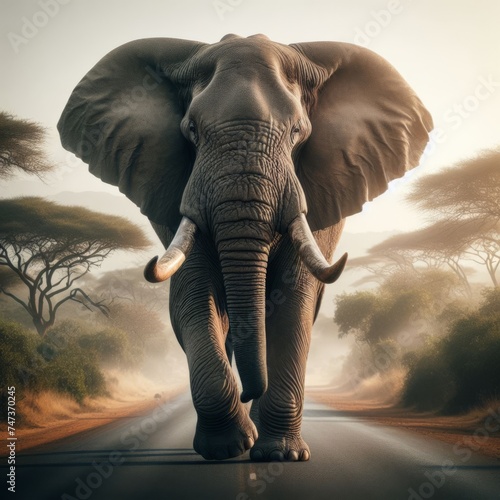 African bull elephant walks down African road
 photo