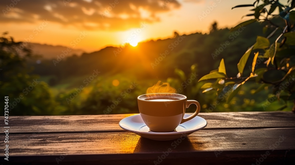 Fresh coffee cup outdoor in front of beautiful nature sunset Fresh coffee cup outdoor in front of beautiful nature sunset
