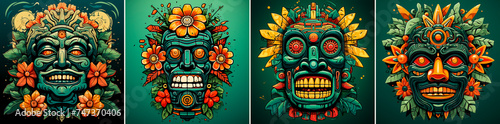 Unique and eye-catching design inspired by Aztec art. Cartoon head with a playful green flower in its mouth. Ideal for logos, products or branding with a quirky twist.