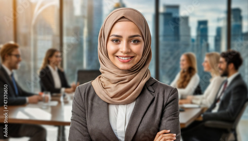 Professional woman in a hijab standing confidently in a modern office with colleagues discussing in the background, cityscape visible through the window.