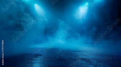 A dark empty street, dark blue background, an empty dark scene, neon light, spotlights The asphalt floor and studio room with smoke float up the interior texture. night view